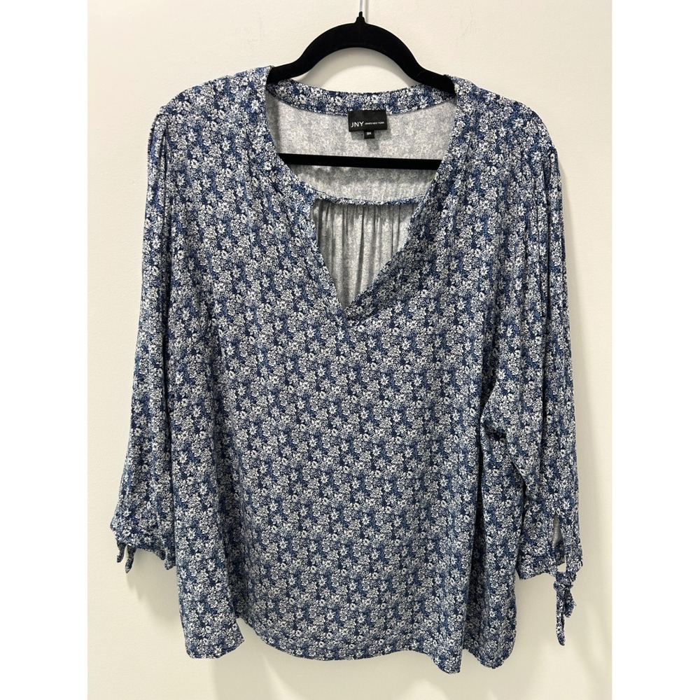 Jones New York Womens 3X Blue White Floral Rayon Split Neck Tie Sleeve Blouse